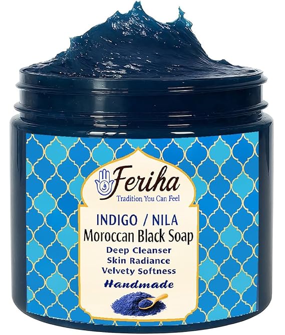 FERIHA Moroccan Black Soap, Indigo, 100% Natural, Artisan Beldi Soap, Crafted & Packed in Morocco - Traditional Hammam Formula