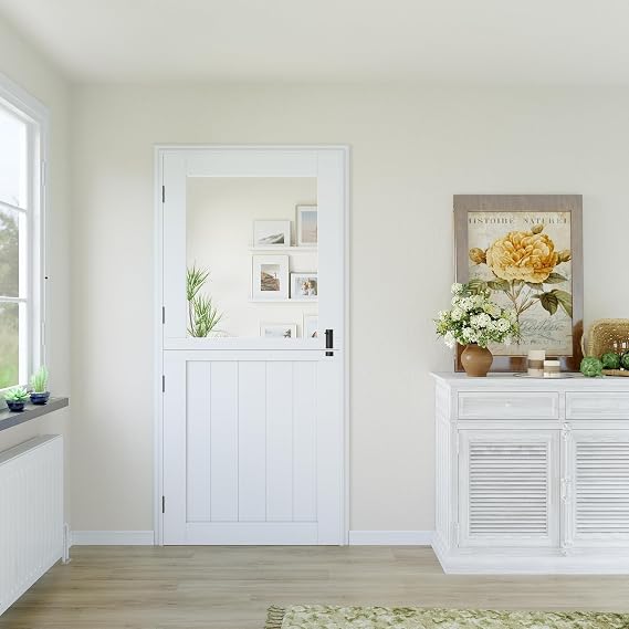 32"x80" Swinging Dutch Doors, White Interior/Exterior Patio Door | Interior/Exterior Dutch Door with Glass, 1.38" Solid Core Slab (Includes 4 Hinges & Latch) for Farmhouse, Cafe, Pantry