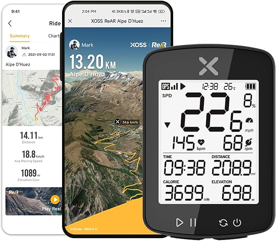 XOSS G+ Gen2 GPS Bike Computer ANT+/ Bluetooth IPX7 Waterproof Cycling Computer Rechargeable Bicycle Speedometer Odometer with 2.2 inch LCD Screen, 28 hrs Long Battery Life Fits All Bikes