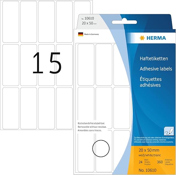 HERMA Removable Labels, 15 Labels per Sheet, 24 Sheets, 20 x 50 mm, 360 Labels, Self Adhesive Small Labels Stickers, Blank Sticky Multi Purpose Labels for Office Kitchen Home, White