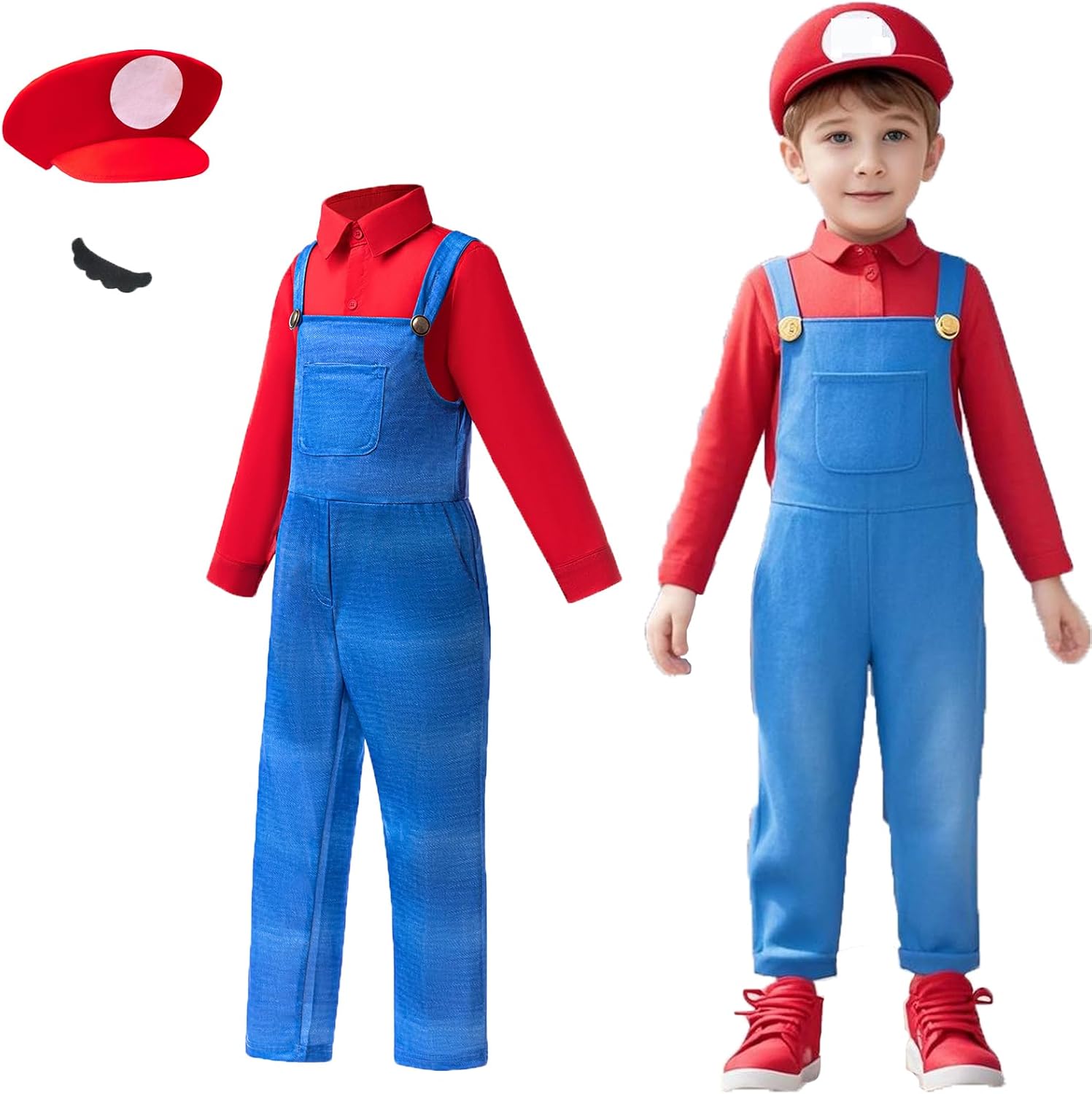 Kids Super Bros Costume MarioLuigi Outfits for Toddler Boys Halloween Cosplay Plumber Jumpsuit Overalls with Hat