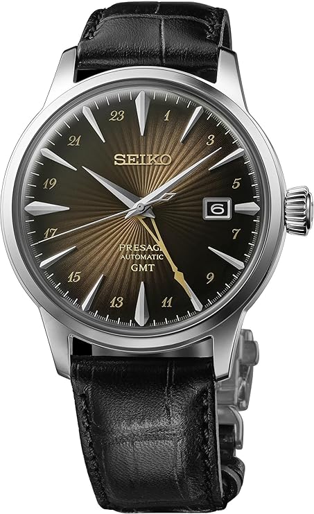 Seiko Men's Presage Rustinail Cocktail GMT Brown Dial Leather Band Brown Modern Retro SSK039, Brown, Modern, Retro