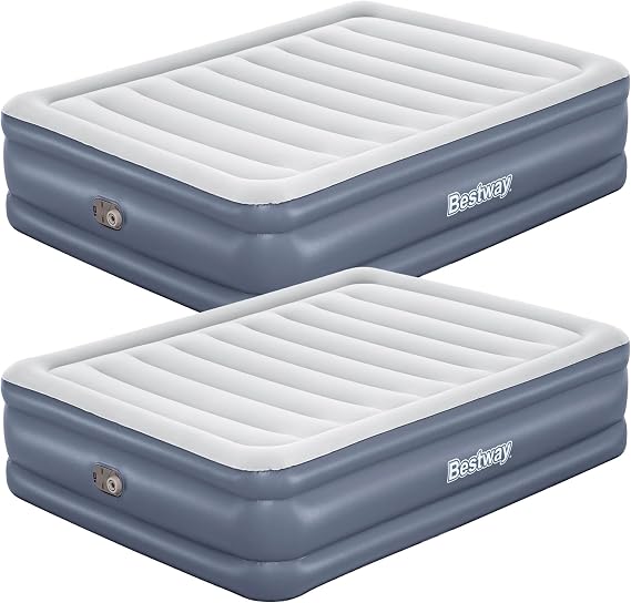 Bestway 2 Pack Tritech Airbed, Queen-Sized 20" Thick Durable Comfortable Mattress Pad for Portable Relaxation with Built-in AC Pump and Storage Bag