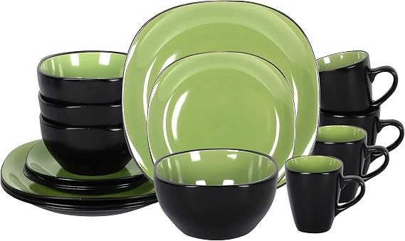 Stoneware Square 16pc Dinnerware Set, Inside Siny Green and Outside Matte Black