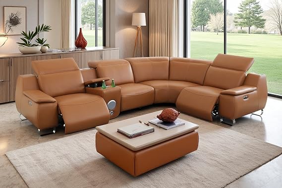 A Ainehome Power Reclining Sectional Sofa with 2 Recliners for Living Room, Power Leather Reclining Sofa Couch with USB Ports, Ginger Leather Couch with Console for Home/Office