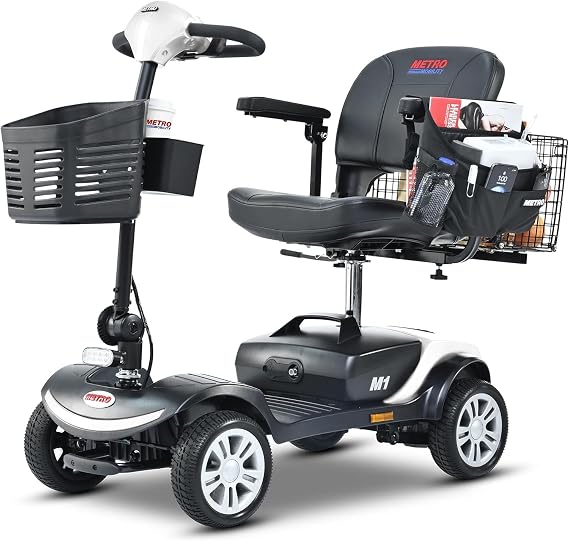 4 Wheel Mobility Scooter, 400 Lbs Foldable Electric Scooter for Seniors and Adults, Heavy Duty Travel Powered Mobility Scooters with Lights, Basket, and 12.4 Miles Long-Lasting Extended (White)