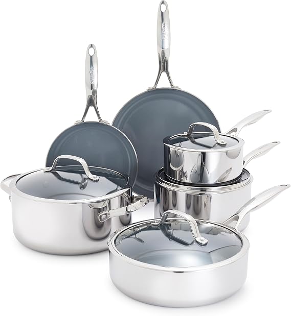 GreenPan Valencia Pro Tri-Ply Stainless Steel 10 Piece Cookware Set, PFAS-Free Ceramic Nonstick Coating, Induction Ready Pots & Pans, All Cooktops, Dishwasher & Oven Safe to 600F