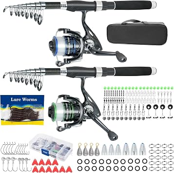 Fishing Pole Combo,2PCS 6.89ft Carbon Fiber Fishing Rods,Spinning Reels 170Pcs Worm Lure Kit Texas-Rigs-for-Bass Carrier Bag for Travel Freshwater