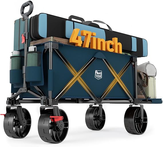 Timber Ridge Beach Wagon with Tailgate, 300 lbs Heavy Duty Collapsible Wagon with All-Terrain Big Brakes Wheels, Foldable Utility Cart for Sand Sports Shopping, Blue
