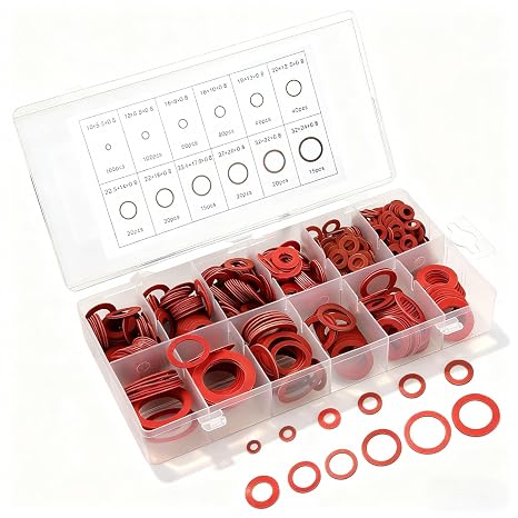 Fiber Flat Washers, Washer Assortment, Insulation Assorted Fiber Washers, High Temperature Rubber Flat Washer, Red Steel Washer Plumbing Kit with Plastic Box, 600pcs, 12 Sizes