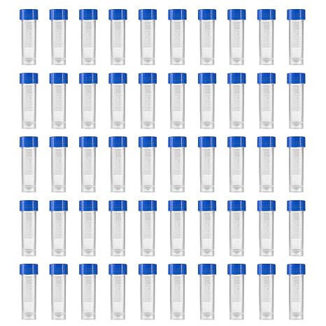 50Pcs 5ml Plastic Graduated Vial Sample Bottle Container with Blue Caps | Storage Empty Bottles with Screw Caps for Laboratory Lab