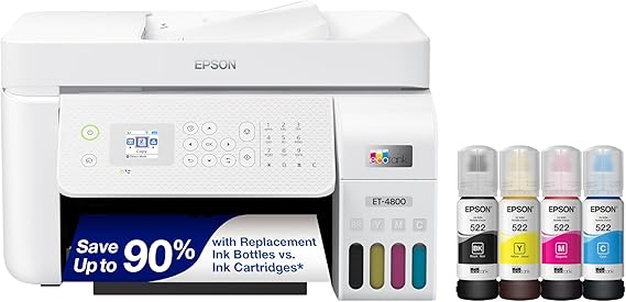 Epson EcoTank ET-4800 Wireless All-in-One Cartridge-Free Supertank Printer with Scanner, Copier, Fax, ADF and Ethernet Ideal-for Your Home Office, White