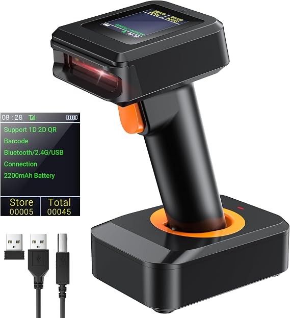 Tera Barcode Scanner 2D with Display Screen: BT 2.4G Wireless USB, HW0006 | Charging Cradle, Battery Level, Time & Count Display, 2200mAh, 1D 2D Screen Paper Scanning, Warehouse Retail Library School