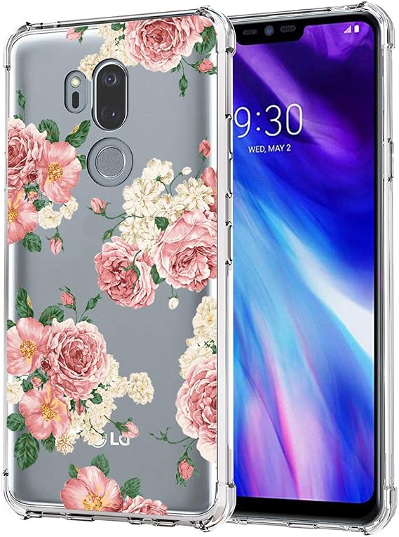 Case for LG G7 ThinQ, Slim Shockproof Clear Floral Pattern Soft Flexible TPU Back Phone Protective Cover for LG G7 ThinQ Pink Flower