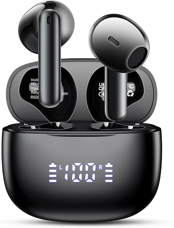 Wireless Earbuds, Bluetooth 5.3 Headphones, 48H LED Display Ear Buds, Bluetooth Earbuds with Noise Cancelling Mic, Hi-Fi Stereo, IP7 Waterproof, for Laptop Pad Phones Black