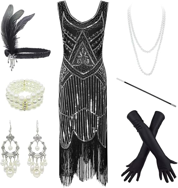 Stone 1920S Mermaid Flapper Gown Party Evening Dress With 20S Accessories Set