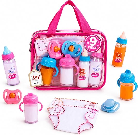 BABESIDE 9 Pcs Baby Doll Accessories with Storage Bag for 12-15 Inch Dolls | Baby Doll Feeding Set with Magic Bottles, Pacifiers, Bibs, Diapers & Carry Bag, Pretend Play Toys for Kids