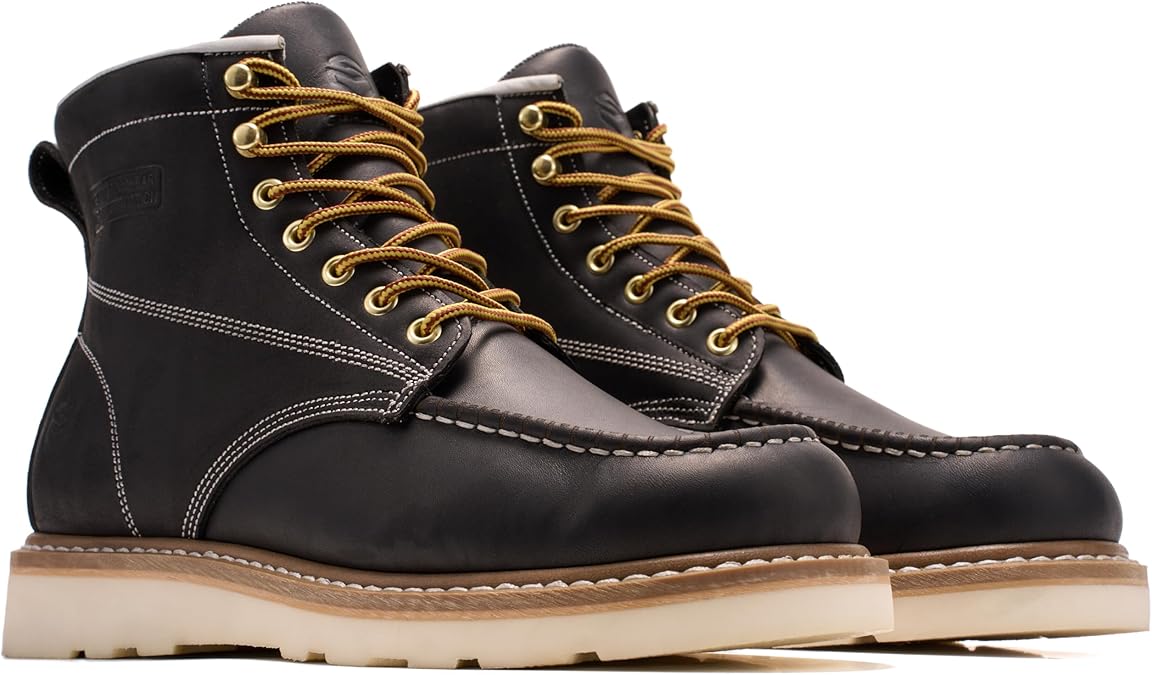 SUREWAY 6 in Mens Soft/Steel Toe Work Boots for Men-Full Grain Leather,GoodyearWelt,Non-Slip EH Safety Industial Construction Wedge Moc Toe Work Boots/Shoes