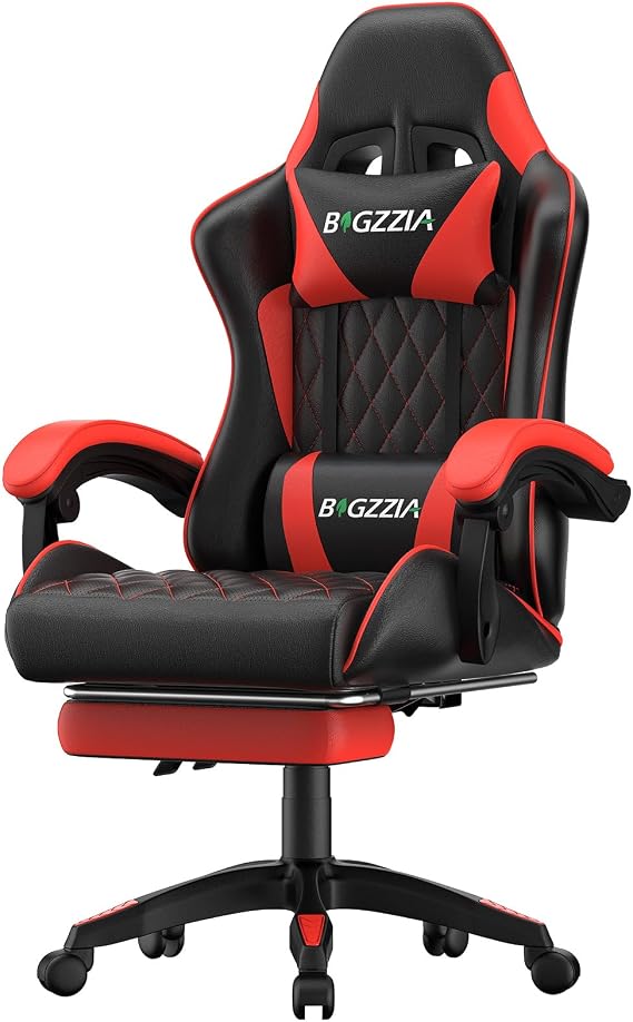 Bigzzia Gaming Chair with Footrest, Computer Chair with Breathable Cushion, Headrest, Lumbar Support, 90-135 Reclining, Ergonomic Office Desk Game Chair for Adults Black Red