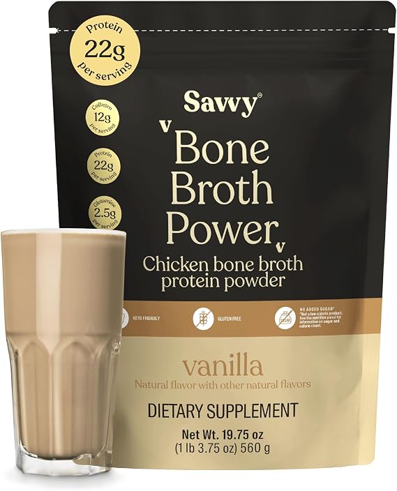 SAVVY Chicken Bone Broth Protein Powder, Vanilla, 12g Collagen, Keto 560g