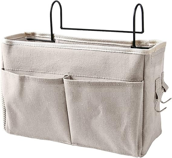 Bedside Caddy,Hanging Bed Organizer Storage Bag Pocket for Dorm Rooms Bed Rails Nightstand Hanging Bag,Cotton Linen Bedside Storage Pocket Organizer Basket for Bunk Bed Dorm Rooms(White)