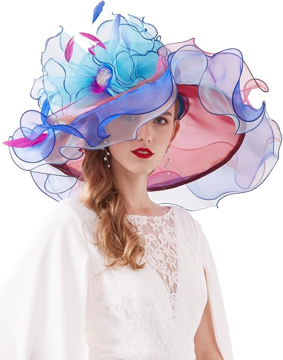 Z&X Women Organza Church Derby Hat Wide Brim Sun Hats for Wedding Tea Party Fascinator Hat, Dual-use