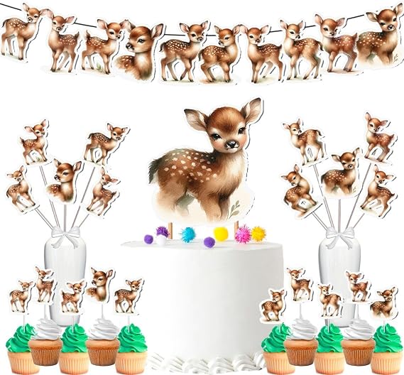 Baby Deer Party Decor Set - Enchanting Woodland Kit for Birthdays & Baby Showers, Includes Banners, Centerpieces, Cupcake Toppers