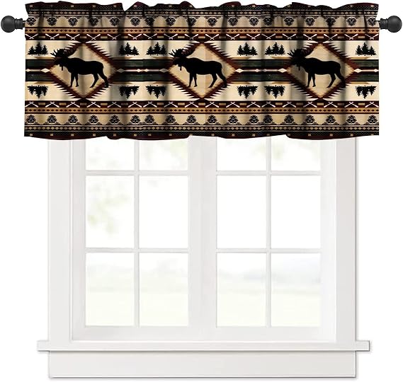 Rustic Moose Deer Window Valance,Vintage Country Style Pine Tree Elk Windows Valance Curtain for Kitchen Bedroom Living Room Cafe Office 54x18 Inch