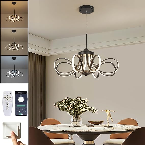 Chrome/Black LED Ceiling Light with Remote Control, Dimmable Lustre with 3 Color Temperature,6 Lights Chandelier for Dining Room (Black-Pendant-YF2805, Dia 35.4*H10.2 inch)