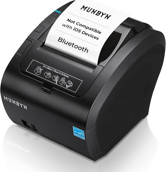 MUNBYN Bluetooth Thermal Receipt Printer 80mm White USB Serial Ethernet | Compatible with Android Windows PC and iOS, does not Support PayPal DoorDash Grubhub, P047 POS Printer for Business Black