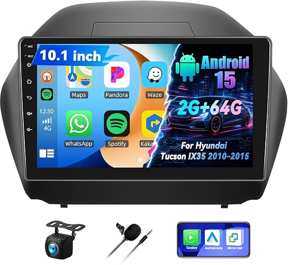 [4-Core 2+64G] Android 15 Car Stereo Radio for Hyundai Tucson IX35 (2010-2015) with Wireless A-pple Carplay Android Auto, 10.1" Touchscree Unit EQ Bluetooth GPS,WiFi,FM RDS,USB,Split Screen, AHD Cam