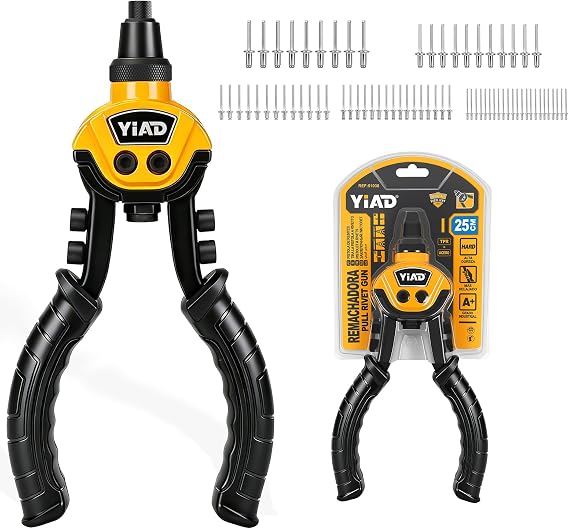 Pop Rivet Gun Kit, 10" Heavy Duty Hand Riveter with 250 Blind Rivets | 1/4" 2-Hand Riveter, 5 Interchangeable Heads + 250 Rivets, Riveting Tool for Metal, Gutter, Auto, DIY Projects