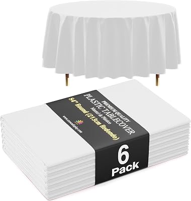 Exquisite 66% Thicker Premium White Round Tablecloth 0.5 Mil 6 Pack Plastic Table Cloth Disposable 84 Inch Round Plastic Tablecloth Wont Tear Easily Like Cheap Thin Brands