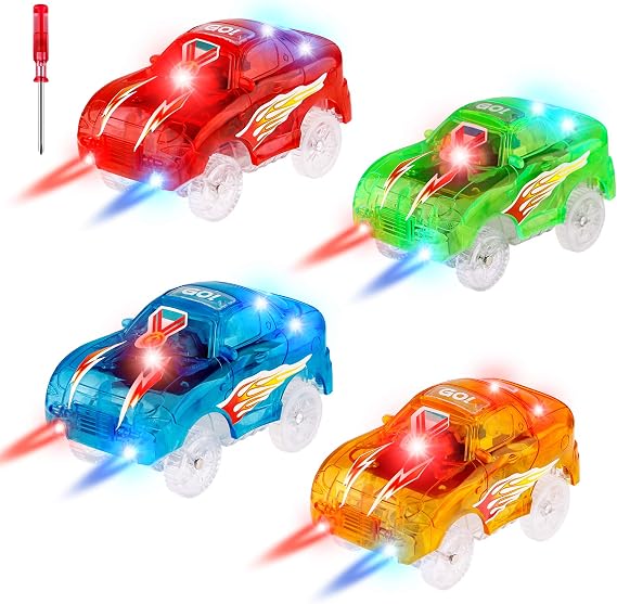 FancyWhoop 4PCS Light up Magic Track Toys Car Replacement Only for Kids 3Y+ | Cars Toy for Tracks Compatible with Glow in the Dark with 5 Led Flashing Lights for Most Race Tracks