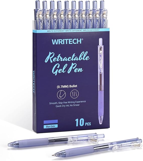 WRITECH Retractable Gel Ink Pens: 0.7mm Medium Point Blue-Ink Color Pen for Journaling Smooth Writing Fine Tip Quick-dry Ink No Bleed Set 10ct