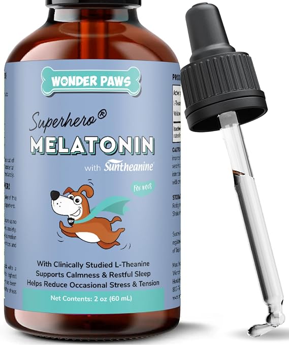 Wonder Paws Melatonin for Dogs with L-Theanine (Suntheanine) Occasional Anxiety Relief for Dogs, Stress, Calming, Relaxation & Sleep Support Liquid Dog Melatonin 2oz (60ml)