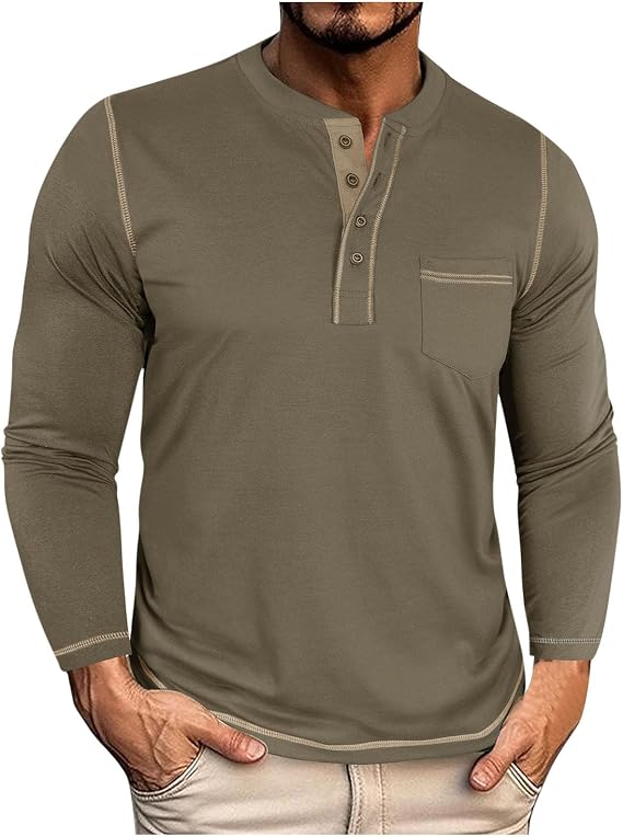 Henley Shirts for Men Long Sleeve Cotton Raglan Casual Lightweight Fashion T-Shirt Classic Breathable with Chest Pocket