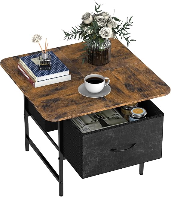 Shinoske Square Coffee Table with Storage Drawer,Small Coffee Tables for Living Room,2-Tier Farmhouse Center Table with Round Corners for Small Space,Apartment,Office,Rustic Brown