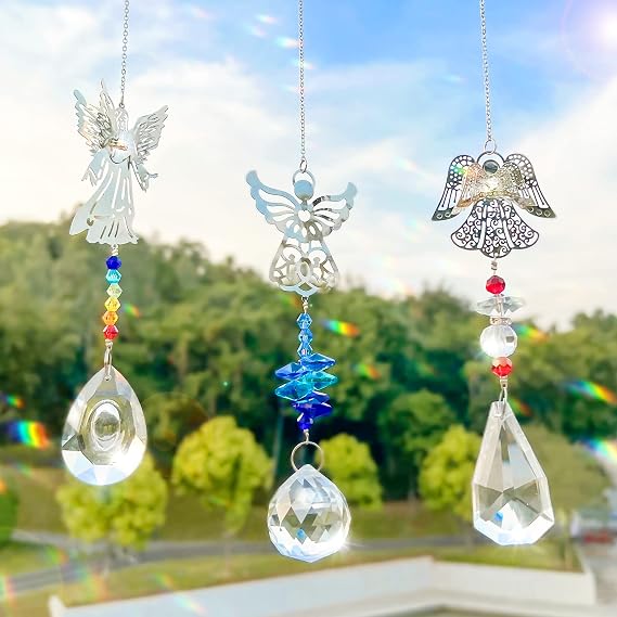 3 Pieces Crystal Sun Catchers - Angel Suncatchers for Windows Glass Heart Prism Sun Catcher with Chain Pendant Hanging Decor for Lamps Light Home Window Curtain Office Garden Car Decoration