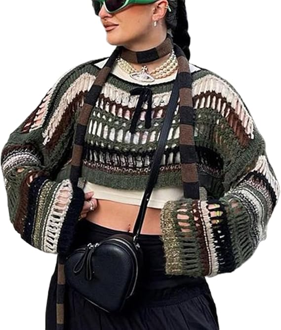 Women Y2k Knit Crochet Shrug Long Sleeve Hollow Out Drop Shoulder Cardigan Sweater Casual Crop Top Streetwear (02-Green, S)