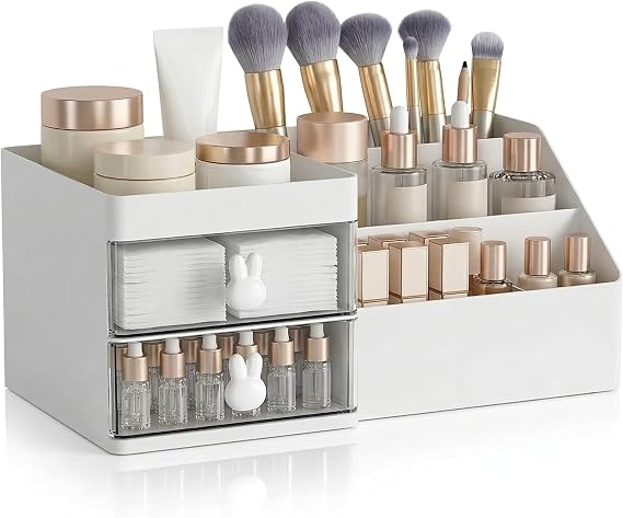 2 Çekmeceli Makyaj Düzenleyici, Vanity, Banyo Organizatörleri ve Depolama için Tezgah Düzenleyici, Banyo ve Yatak Odası Masası Cilt Bakımı, Fırçalar, Göz Farı, Losyonlar İçin Kozmetik Düzenleyici