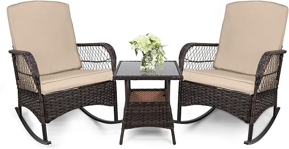 LEVELEVE 3 pcs Rocking Bistro Set Conversation Chairs PE Wicker Outdoor Rocking Chairs & Glass Table,for Porch Lawn Garden Backyard Deck(Rocking Set,Khaki)