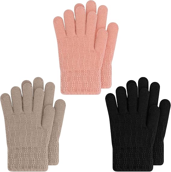Kids Winter Gloves for Boys Girls, 3 Pairs Children Warm Wool Lined Gloves Toddler Thermal Knitted Mittens