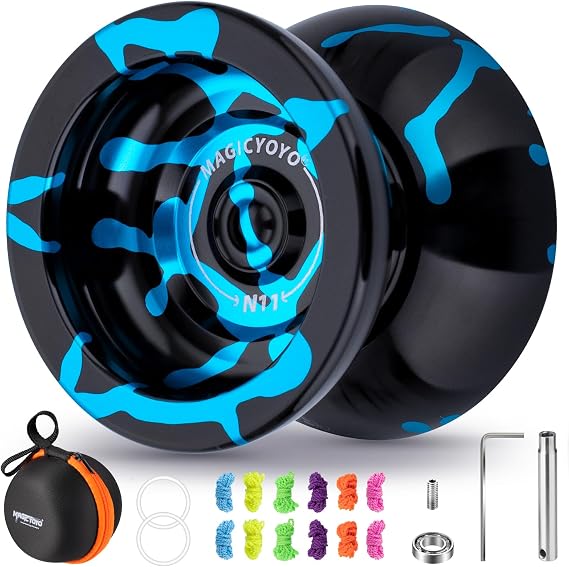 MAGICYOYO N11 Metal Professional Yoyo Unresponsive Yoyo for Advanced | Ressponsive Yo yo Bearing for Kids Beginner, Includes 12 Yo-yo Strings, Bearings Kit & Carry Bag (Black Blue)