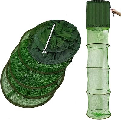 Portable Foldable Fish Basket, Collapsible Nylon Cage Basket, Fish Alive Keeping Net with Anchor Bolt for Minnows,Lobster,Crawfish, Shrimp etc-Green 54X12 in