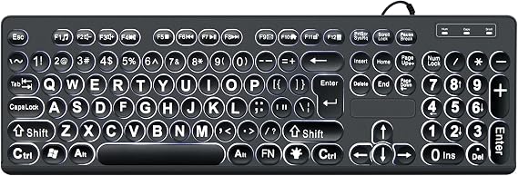 MCSaite Wired Backlit USB Keyboard - 104 Keys Standard Full Size with White LED Large Letter Print Keyboard for Windows Desktop, Laptop, PC