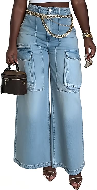 Cargo Jeans for Women High Waisted Baggy Wide Leg Casual Loose Stretchy Streetwear Denim Pants with 6 Pockets Trendy