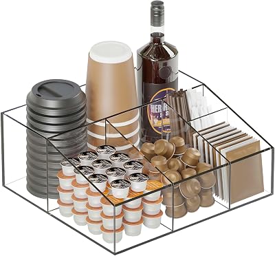 DreamShore Acrylic Coffee Bar Station Organizer for Countertop, Home & Office Breakroom Accessory Organizer for K-cup Pod, Condiment, Cup, Sugar, Creamer Syrup, Gift for Coffee Lovers