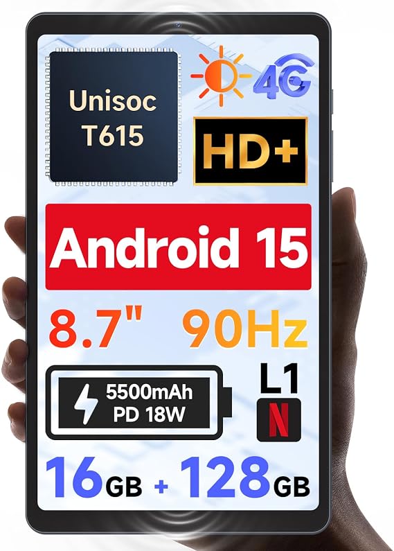 [2025 New Android 15] 8.7" Tablet, Unisoc T615 (8 Core), HD IPS 800x1340, 90Hz Reflex, 350Nit, Widevine L1, 5MP Camera, 4G LTE, 2.4G/5G WiFi, BT5.0, 5500mAh, PD18W, 16GB+128GB(1TB TF)