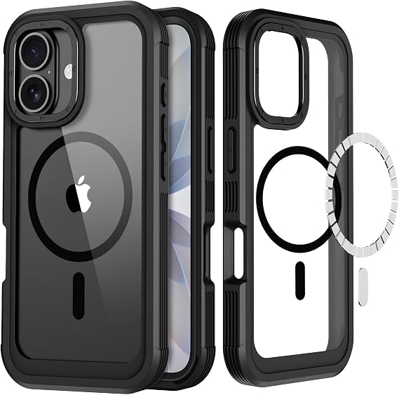 Magnetic Clear Back Phone Case for iPhone 17 with Built-in Screen Protector | [Compatible with MagSafe] Rugged Full-Body Shockproof Protective Bumper Cases,Drop Proof Anti-Scratch Cover 6.3" Black